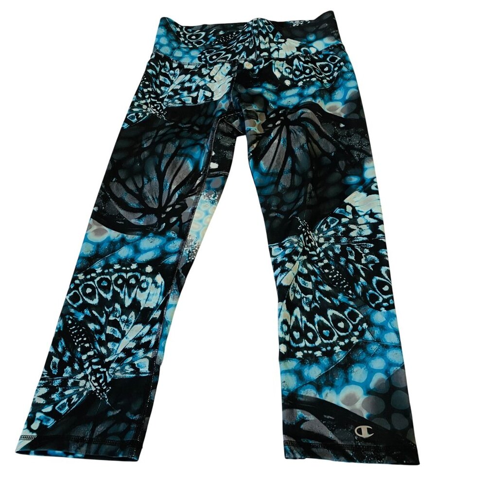 Champion Womens Powertrain Leggings Butterfly Print Blue & Black Size S